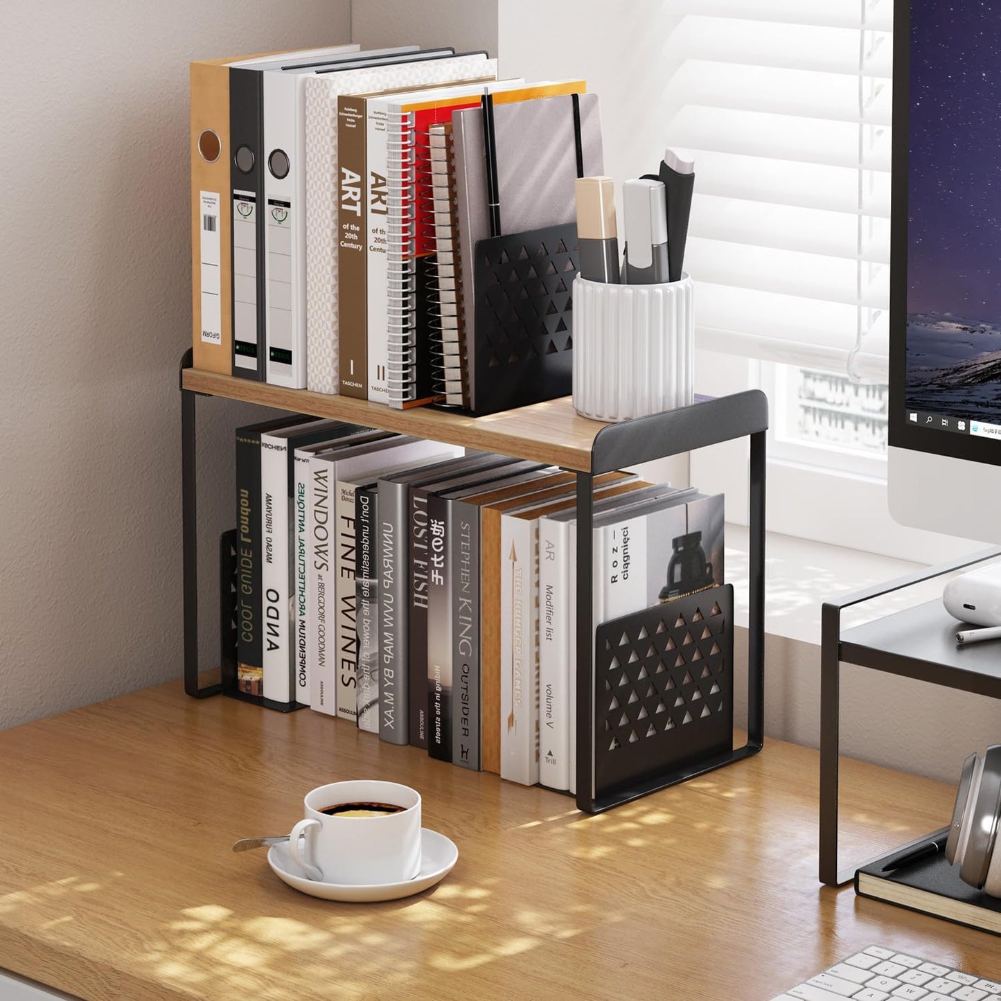 Mitus Shelf Organizer and Storage, Tiered Wood Cabinet Rack for The Kitchen Counter, Bathroom Counter, Pantry Cupboard, Office Desk Bookshelf, 12" Wide Natural and Black