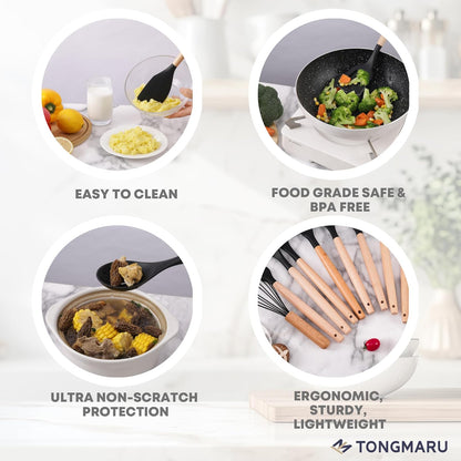 Silicone Cooking Utensils Set, Premium Beech Wood Handle Kitchen Gadgets Utensil Set, Non-Stick Kitchen Utensils Spatula, Tongs, Turner, Whisk, Brush, Spoon, BPA FREE, 446°F Resistant (Black)