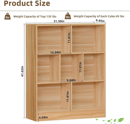 LEYAOYAO 7 Cube Bookshelf with Wood Base,Natural 3 Tier Mid-Century Modern Bookcase,Standing Wide Bookshelves Storage Organizer Shelf,Rustic Display Cabinet Book Shelves for Bedroom,Living Room