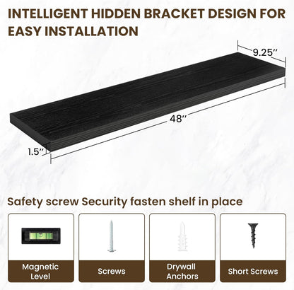 48 Inch Floating Shelves, 48"x9.25"x1.5" Inch Deep Floating Shelves for Wall, Wooden Shelves for Bathroom, Bedroom, Living Room, Black