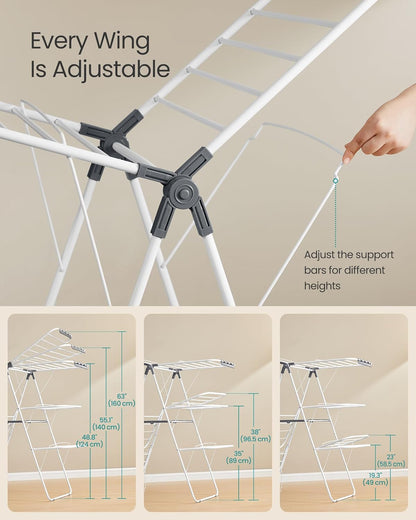 SONGMICS Clothes Drying Rack, Foldable 3-Level Laundry Rack, Free-Standing Large Drying Rack, with Height-Adjustable Wings, 39 Drying Rails, Sock Clips, White and Gray ULLR054W01