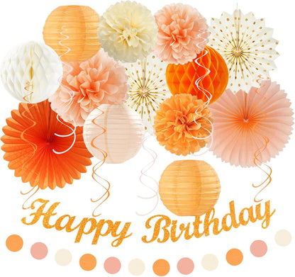 Orange-Beige Fal Boho Birthday Party-Decorations - 21pcs Autumn One Two Sweet Peach Happy Banner,Girls Groovy Paper Streamers Lanterns Honeycomb,Tissue Pom Poms Fan,Hippie Garland Decor Huglony