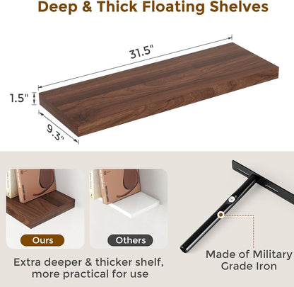 Rustic Wood Floating Shelves 32 Inch Long, 9 Inch Deep Wall Shelves for Home Decor, 32 x 9 Floating Shelf Wall Mounted Set of 2, Deep Floating Shelves for Kitchen, Bedroom, Living Room, Walnut Color