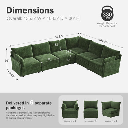 135.5" Oversized Modular Sectional Sofa, L Shaped Convertible Couch with Movable Ottoman, Large 6 Seat Corner Couches for Living Room Deep Seat Green Chenille