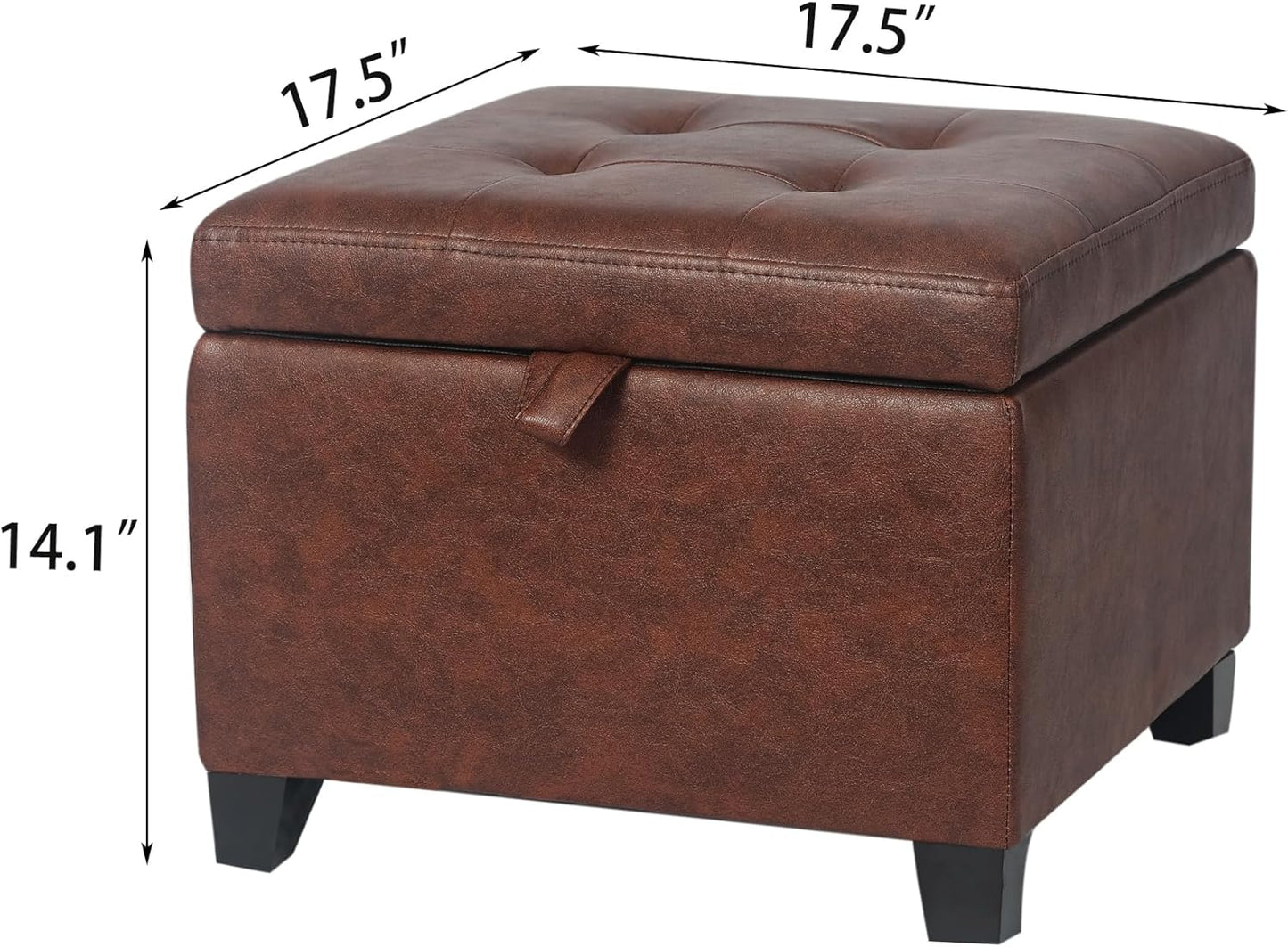 Adeco Faux Leather Storage Ottoman Bench with Wood Legs, 17.7" Square Red and Brown PU Cube Foot Stool, Upholstered Button Tufted Vanity Chair with Hinged Lid for Living Room, Bedroom, Dorm