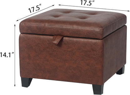 Adeco Faux Leather Storage Ottoman Bench with Wood Legs, 17.7" Square Red and Brown PU Cube Foot Stool, Upholstered Button Tufted Vanity Chair with Hinged Lid for Living Room, Bedroom, Dorm