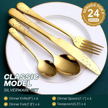 Gold Silverware Set, OGORI 24-Piece Food Grade Stainless Steel Gold Flatware Set, Kitchen Utensil Set Service for 6, Mirror Polished Tableware Cutlery Set for Home and Restaurant, Dishwasher Safe