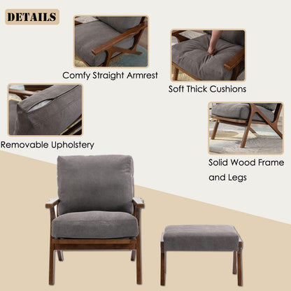 chairus Mid-Century Modern Accent Chair with Ottoman, Linen Fabric Armchair with Wood Legs Comfy Upholstered Single Sofa Chair for Living Room/Bedroom/Lounge, Grey