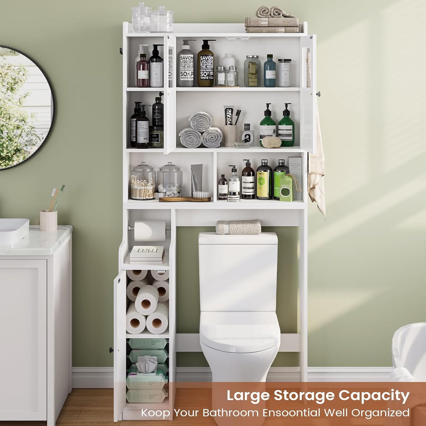 Itaar Over The Toilet Storage Cabinet, Over Toilet Bathroom Organizer with Glass Doors & Toilet Paper Holder Stand, Home Space-Saving Toilet Rack, for Bathroom, Restroom, Laundry(White)