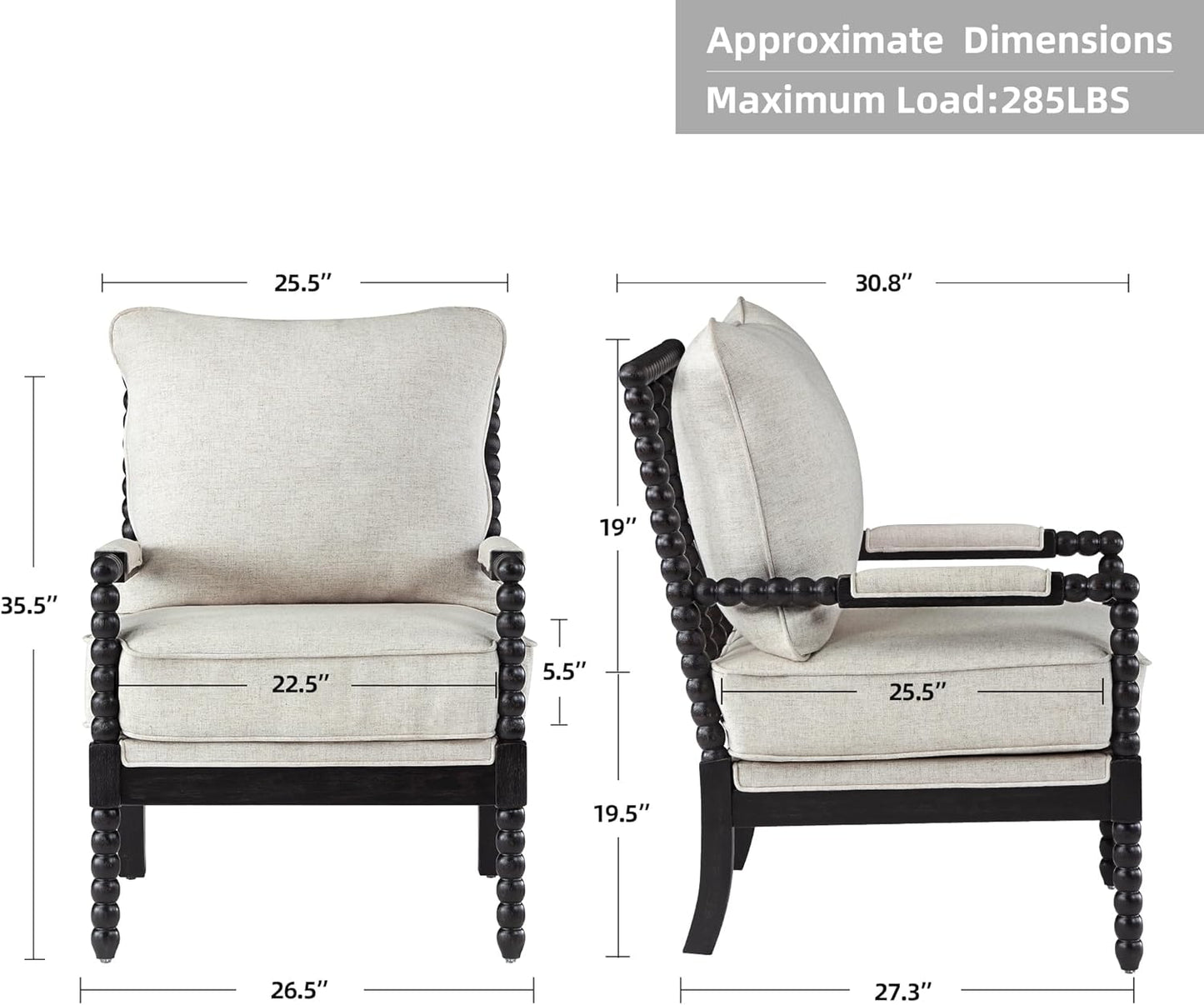 DUHOME Linen Fabric Spindle Accent Chair with Wood Frame,Bobbin Chair with High Resilience Spring Cushion and Armrest Pads, Leisure Armchair for Living Room Bedroom Farmhouse Home Office Belcony