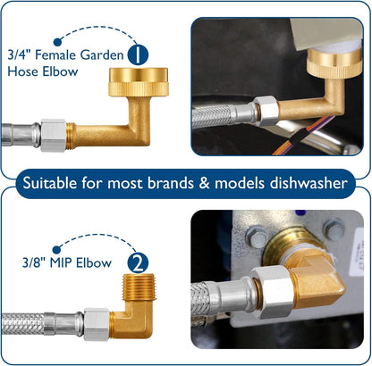 Dishwasher Installation Kit - 10 FT Stainless Steel Braided Dishwasher Hose kit,Food Grade PEX Inner Tube Water Line with 3/8"x 3/8"x 3/8" Tee Stop Valve,3/8"x 3/8"MIP Elbow,3/8"x 3/4"FHT Elbow