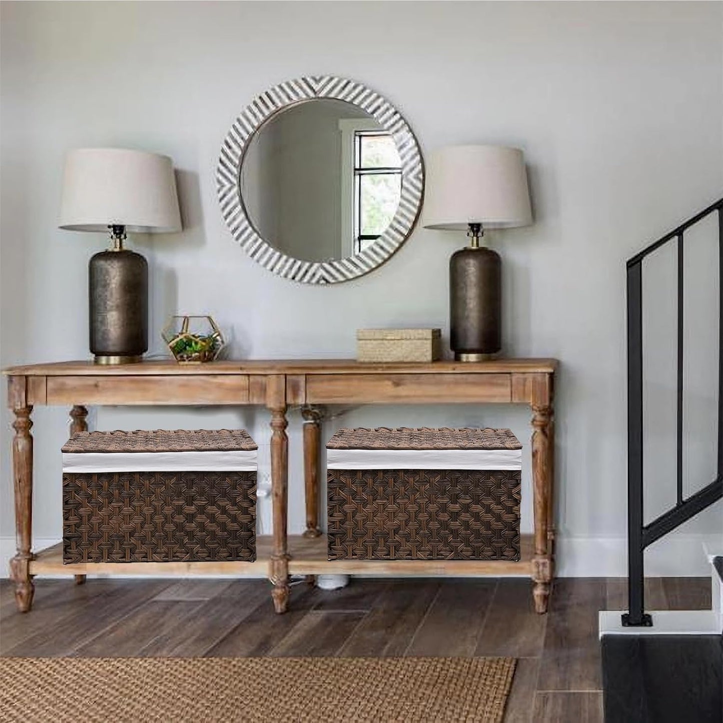 Wicker Storage Basket with Lid, 17.2 Gallon (65L) Small Blanket Basket with Lid, Woven Storage Bin with Handles, Removable Liner, Metal Frame, Foldable, for Bedroom, Laundry Room, Brown