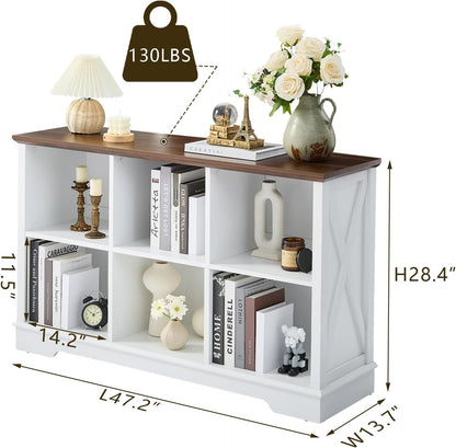 Farmhouse 6 Cube Bookshelf, White Storage Organizer Bookcase, Kids Toy Storage Cabinet, Long Bookshelves Storage Organizer Shelf, Wood Display Cabinet Book Shelves for Bedroom,Living Room,Office