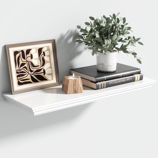 Floating Shelves for Wall, 24 Inch Long Wall Mounted White Hanging Shelf for Kitchen, Living Room, Office, Bedroom, Bathroom, Retro Vintage Wood Bookshelf for House Decor