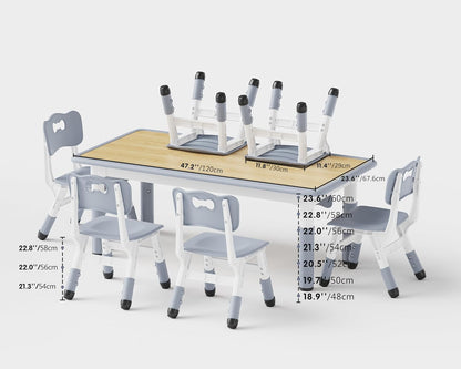 Brelley Kids Table and 6 Chairs Set, Height Adjustable Toddler Desk and Chair Set, Graffiti Desktop, Classroom/Daycare/Home, Children Multi-Activity Table for Ages 2-8