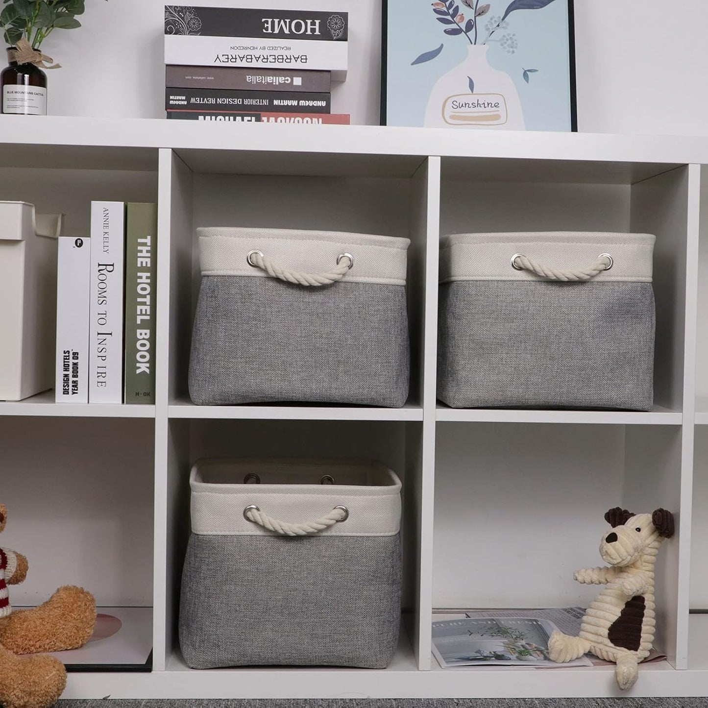 Bidtakay Baskets Set of 3 Storage Baskets for Organizing Large Fabric Storage Bins for Shelves Decorative Canvas Bins Collapsible Empty Baskets for Closet,Nursery,Clothes,Toys,Shoes(White&Grey)