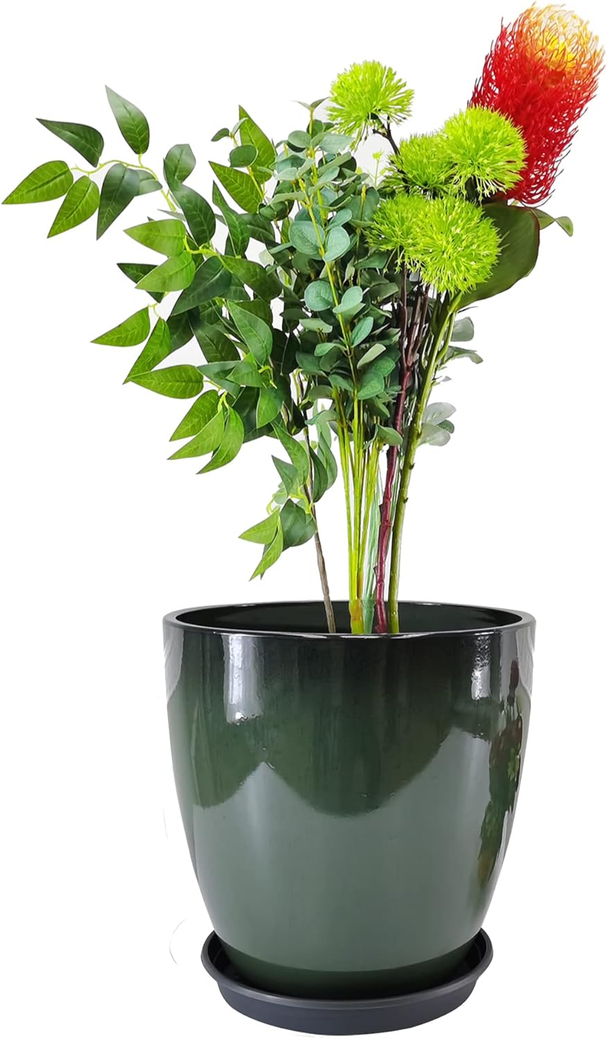 FixtureDisplays® Garden Green Plastic Round 11.8 Inches Diameter 11.8 Inches Tall Planter Resin Glazed Faux Ceramic Flower Pots Drainage Hole with Saucer Decorative Pot 15675-NF