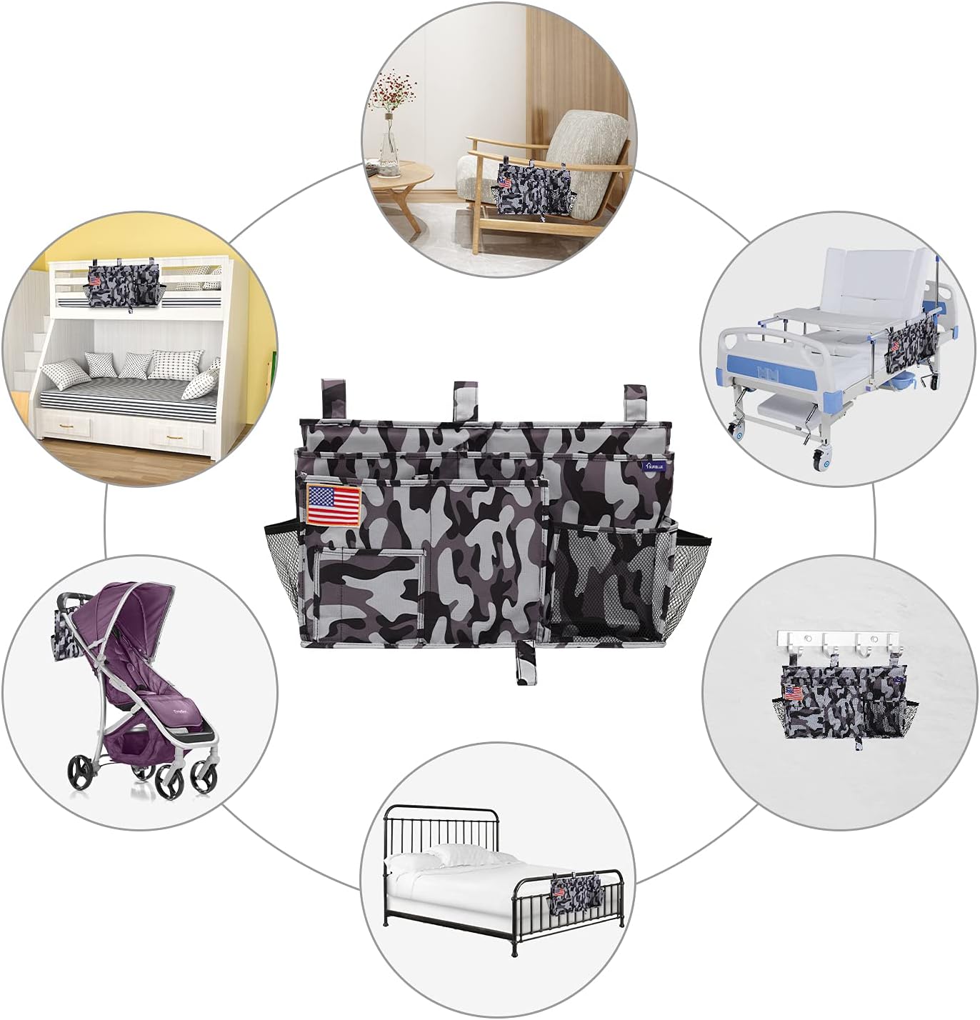 Surblue Bedside Caddy Hanging Organizer Storage Bag Pocket for Bunk, Hospital, College Dorm Rooms, Baby Bed Rails, Camp - 8 Pockets (Large, City)