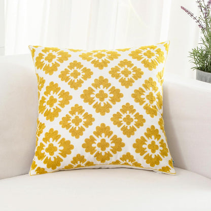 HWY 50 Mustard Yellow Decorative Throw Pillow Covers 18x18 Inch (1 Piece), Embroidered Cotton Farmhouse Cushion Cover Pillow Case for Sofa Couch Living Room Bed, Little Sunflower