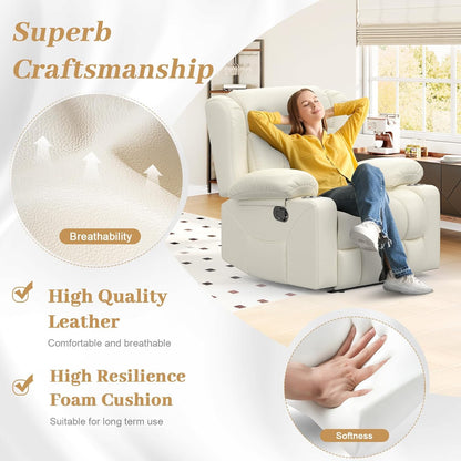 Recliner Chair for Adults, Oversized PU Leather Manual Pull Tab Reclining Chair with Cup Holders, Minimalist Style Single Sofa for Living Room, RV (Ivory White)