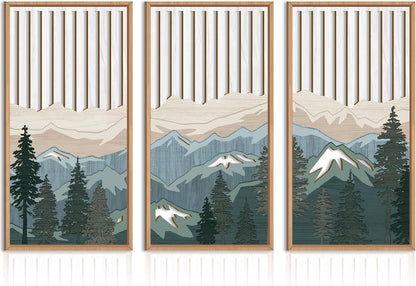 IARTTOP Large Mountain Wood Wall Art Framed Decor Set Of 3, Modern Mountain Landscape Wall Art Nature Artwork Wall Decor For Bedroom, Living room, Office-16 x32
