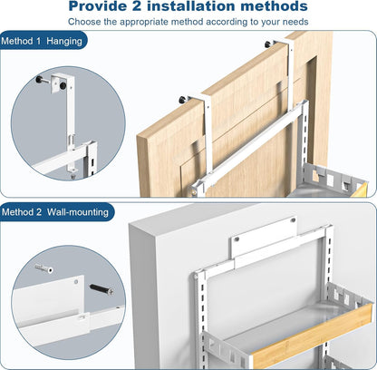 bukfen Over the Door Pantry Organizer 6-Tier Adjustable Basket Kitchen Pantry Door Organization and Storage, 2 in 1 Wall Mount or Hanging Heavy-Duty Metal Hanging Kitchen Spice Rack,White Bamboo Color