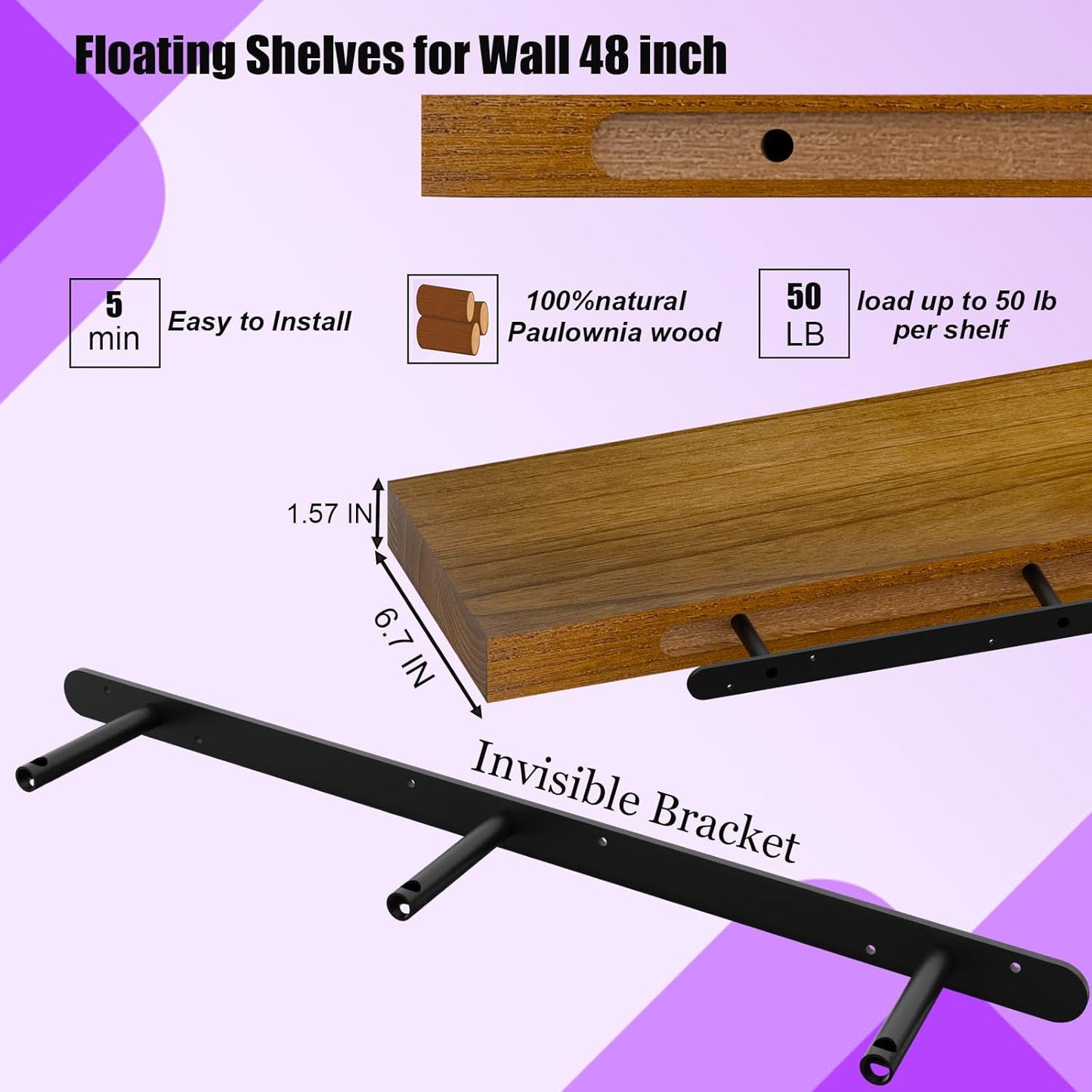 IAE Walnut Floating Wall Shelves 48 inch, Bathroom Shelves Wall Mounted,Invisible Shelves Floating Kitchen Shelves,Wooden Wall Shelves with Brackets for Living Room Wall Mounted,Easy Install,Set of 2