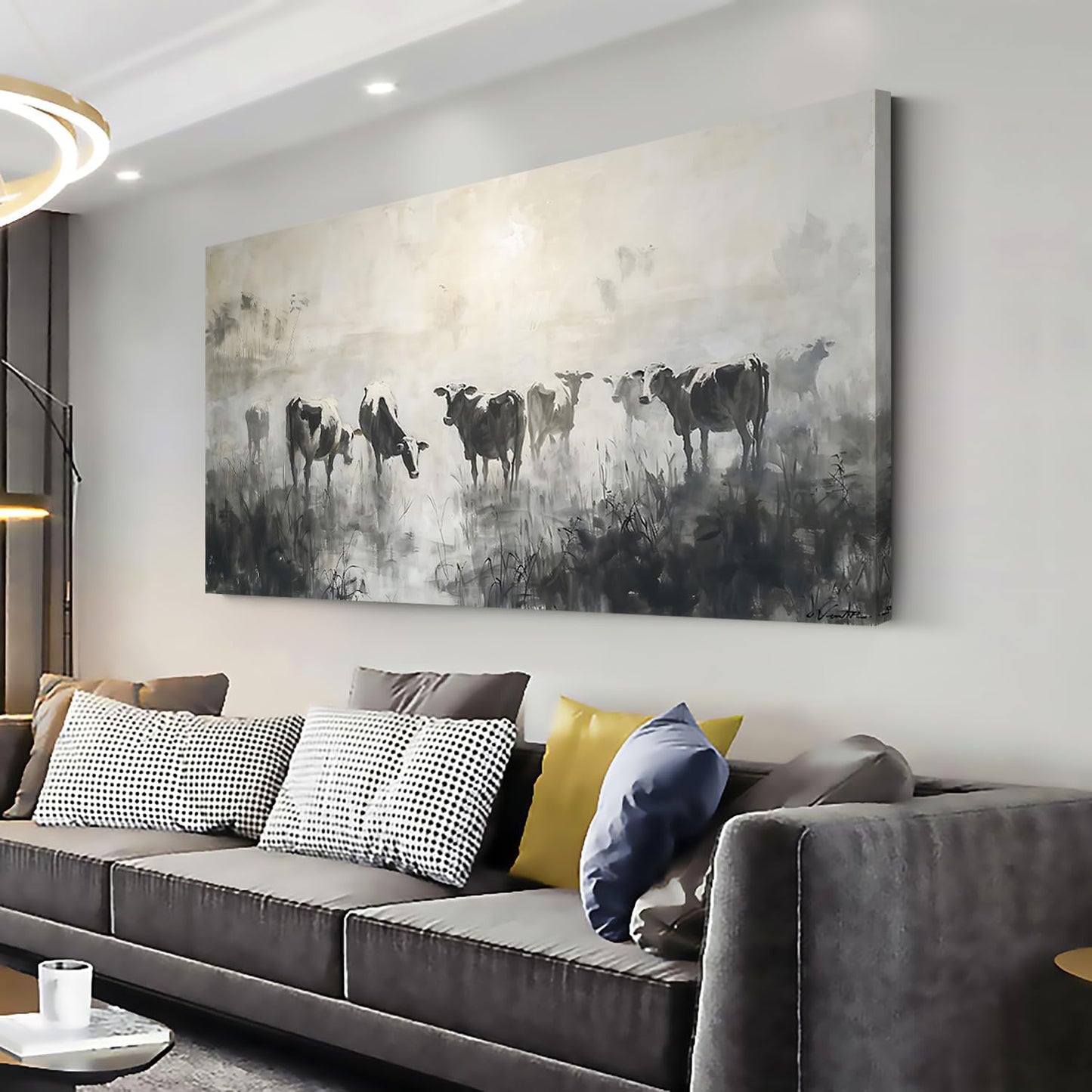 LASMOND Black and White Cow Wall Art for Living Room Ink Wash Canvas Painting Prints Morning Cattle Vintage Country Farmhouse Artwork Bedroom Office Decor (46x23 Inches)