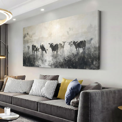 LASMOND Black and White Cow Wall Art for Living Room Ink Wash Canvas Painting Prints Morning Cattle Vintage Country Farmhouse Artwork Bedroom Office Decor (46x23 Inches)