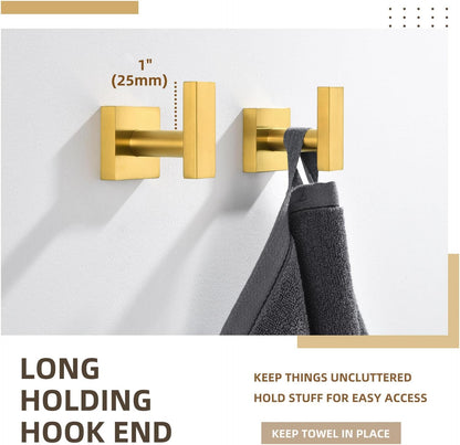 Angle Simple Towel Hooks for Bathroom, SUS 304 Stainless Steel Square Robe Coat Wall Hooks, Hand Towel Holder, Brushed Gold, 2 Pack