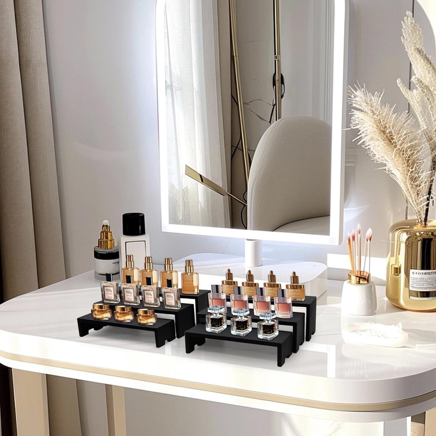 Display Wood Risers Wooden Stand 3 Tier Black Wood Racks Decorative Rectangular, 2 Set 6 Piece Cupcake Stands Cologne Perfume Organizer Dessert Showcase(Black)