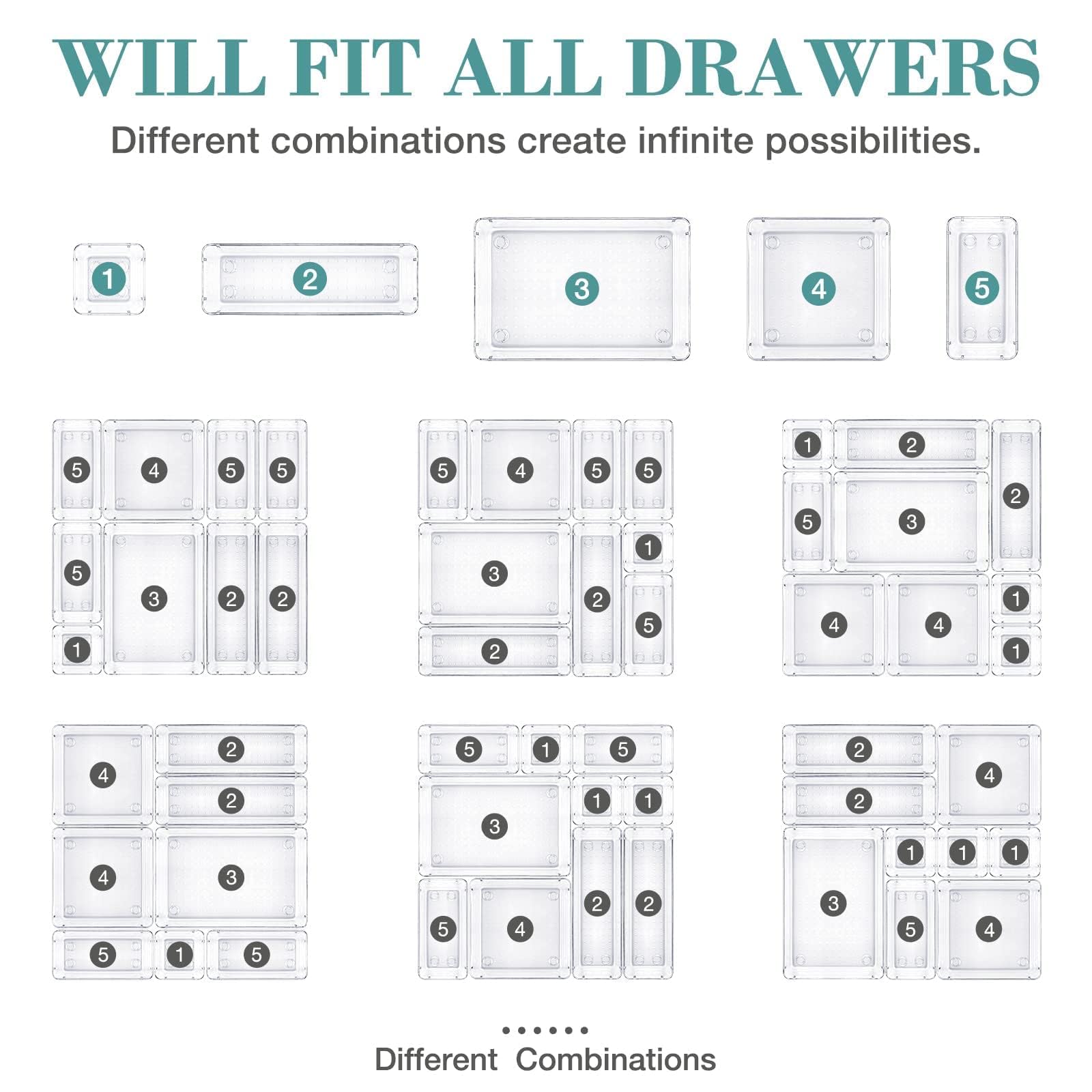 16 PCS Drawer Organizer Set, 5 Size Bathroom and kitchen organizer Trays