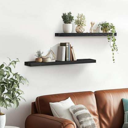 Floating Wall Shelves 2-Pack - Rustic Black 16-inch Wooden Wall Shelves for Storage and Décor, Multi-Functional and Easy to Install for Living Room, Bedroom, and Kitchen