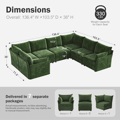 136.4" Oversized Modular Sectional Sofa, U Shaped Convertible Couch with Movable Ottoman, Large 7 Seat Corner Couches for Living Room Deep Seat Green Chenille