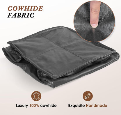 Leather Ottoman,Handmade Stuffed Square Ottoman,Genuine Leather Pouf, Foot Rest Pouf,Comfortable Soft Seating for Living Room & Bedroom (Grey, Square)