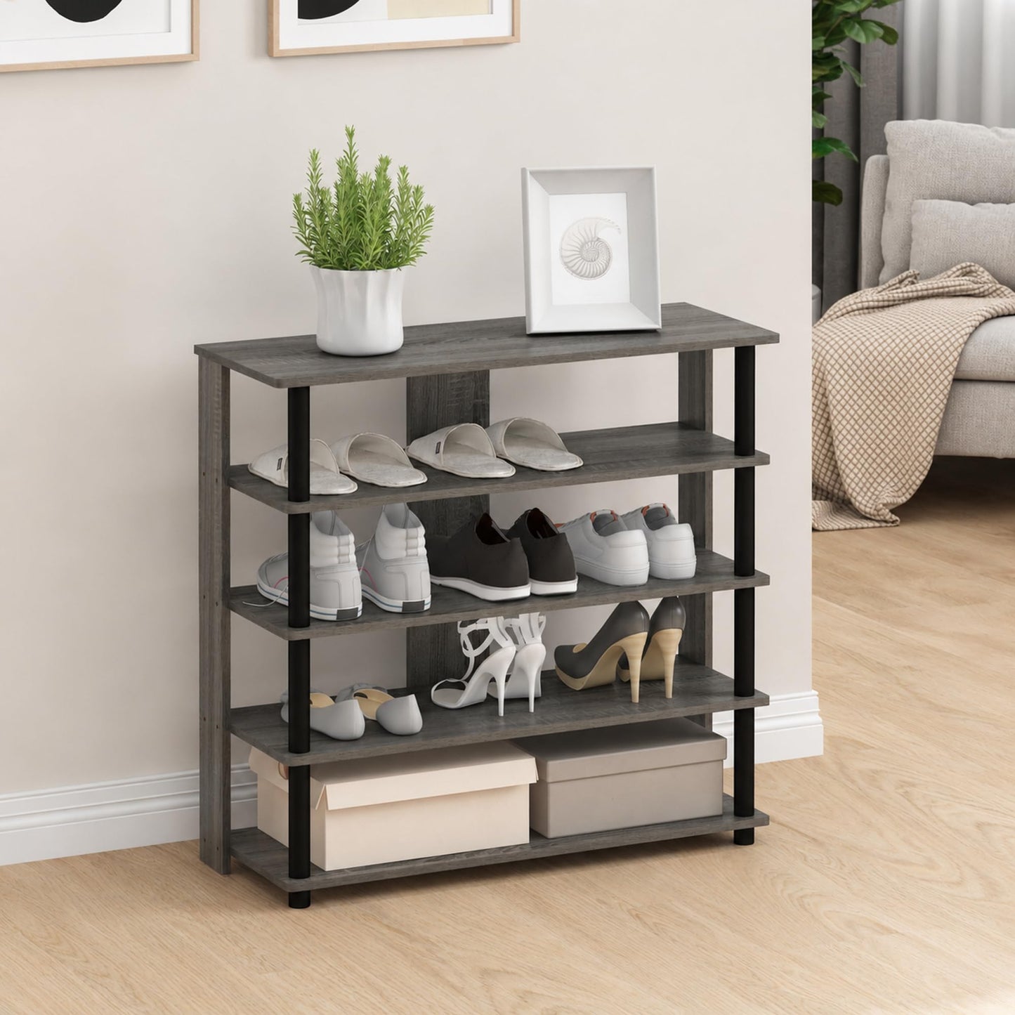 Furinno Turn-N-Tube Toolless Assembly 5-Tier Shoe Rack, Wide Vertical Shoe Organizer, Free Standing