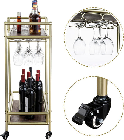 MyGift 2 Tier Rolling Bar Cart, Vintage Brass Tone Metal Cocktail and Wine Trolley with Burnt Wood Shelf Trays, Wine Glass Stemware Holder Rack and Lockable Wheels