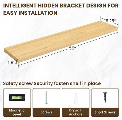 55 Inch Floating Shelves, 3D Textured Wood Grain, 55"x9.25"x1.5" Inch Deep Floating Shelves for Wall, Wooden Shelves for Bathroom, Bedroom, Living Room, Natural