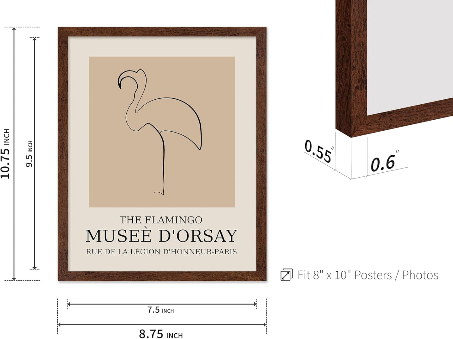 Poster Master Vintage Poster - Retro Minimalist Print - Gift for Artist, Housewarming - Flamingo, Line Drawing, Sketch, Abstract - Wall Decor for Living Room, Bedroom, 11x14 Brown Framed