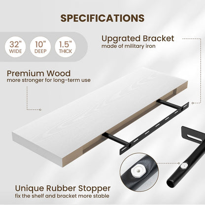 Fun Memories Floating Shelves for Wall, 32 Inch Long Floating Shelves Set of 2, 32 x 10 Wooden Shelves for Wall, Large Storage Shelves, Hanging Shelves for Bathroom Kitchen Bedroom, White