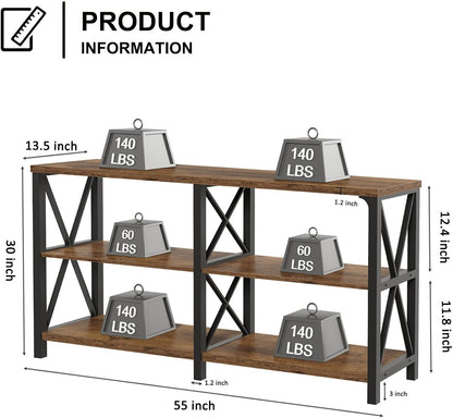 LVB Wood Console Table, Rustic 3 Tier Sofa Table Behind Couch, Industrial Metal Entryway Table with Storage Shelf, Farmhouse Wooden Foyer Hallway Table for Entry Living Room, Rustic Brown, 55 Inch
