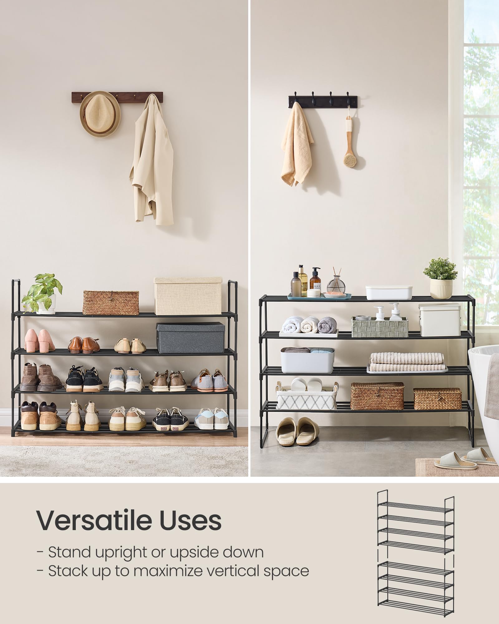 SONGMICS Shoe Rack, 4-Tier Shoe Organizer, Metal Storage Shelf, Upright or Upside Down, for 25-30
