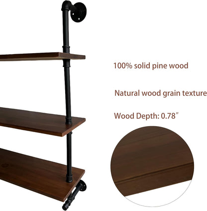 Industrial Pipe Wall Shelves Pipe Shelving with Real Wood Plank ,60 Inches Floating Shelves for Wall Farmhouse Pipe Book Shelves Dark Brown 2 Tier for Kitchen,Living Room Decor and Bar Shelving
