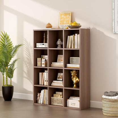 12-Cube Storage Shelf Bookcase - Wooden 3-Tier Floor Standing Open Bookshelf for Home and Office, Cuby Orgainzer, Walnut