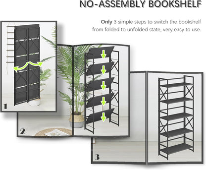 4NM 5 Tiers No Assembly Book Shelves, 51.2" H Folding Bookshelf Bookcase Open Industrial Foldable Shelves for Bedroom, Living Room, Home Office - All Black