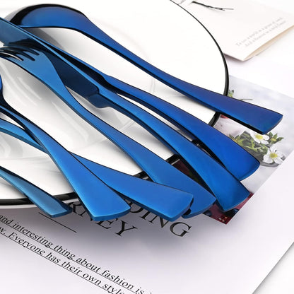 24-Piece Blue Flatware, Mirror 18/10 Stainless Steel Modern & Luxury Dinnerware Set With Serrated Steak Knife Teaspoon For Daily Use or Dinner Party Restaurant - Service For 4