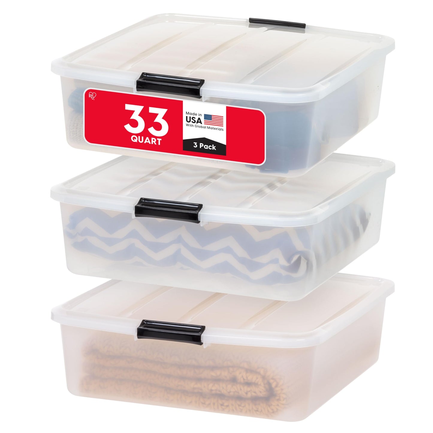 IRIS USA 3-Pack, 33 Qt. Under Bed Storage Bin with Lids, Clear