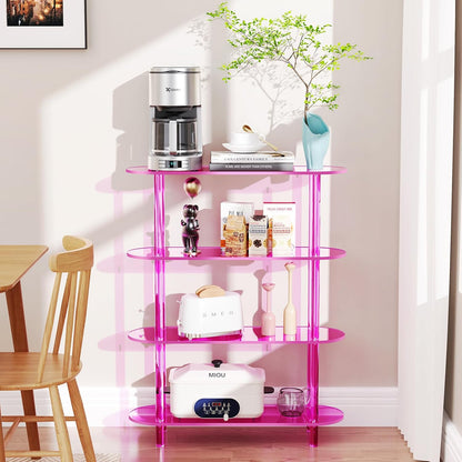 Clear Bookshelf, Acrylic Bookcase with Open Book Shelf Console Table for Entryway Office (4 Tier Pink)