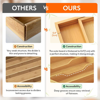 Lifewit Utensil Drawer Organizer, Expendable Cooking Silverware Tray for Kitchen Drawer, Bamboo Adjustable Cutlery Flatware Holder, Spatula Tools and Gadgets Storage Divider, 3 Compartments, Natural