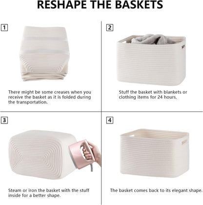 4 Pack Storage Baskets for Organizing, Woven Baskets for Shelves - Perfect for Toys, Books, Towels, and Clothes, Durable Gift Basket Bins Toy Storage, 12.7''L x9''W x7.8''H, White